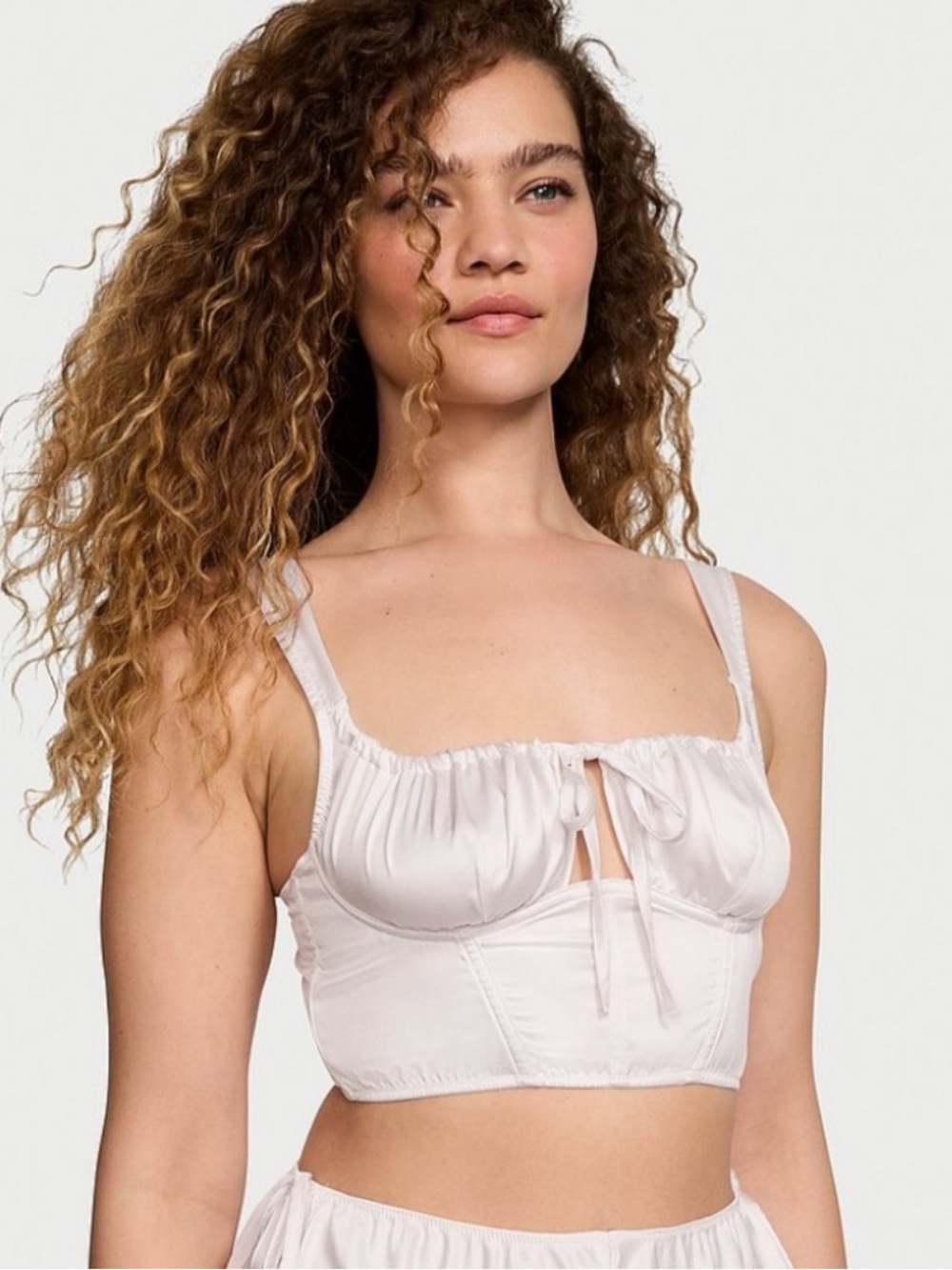Victoria’s Secret Satin Corset Cropped Bra Top w/ Tie, Coconut Cream – Small